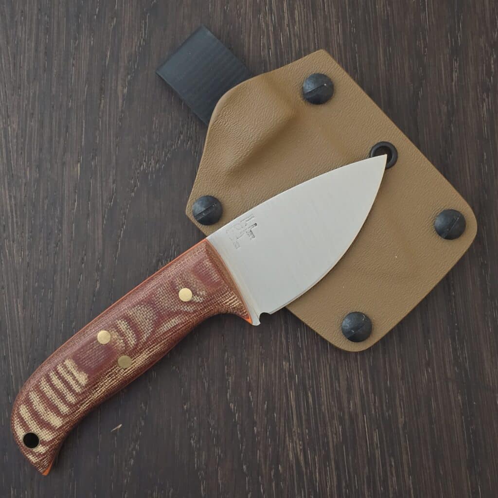 Pacheco Forge Custom Companion 80CRV2 in Burlap Micarta, G10 Orange Liners, Brass Pins and FDE Kydex Sheath knife for sale