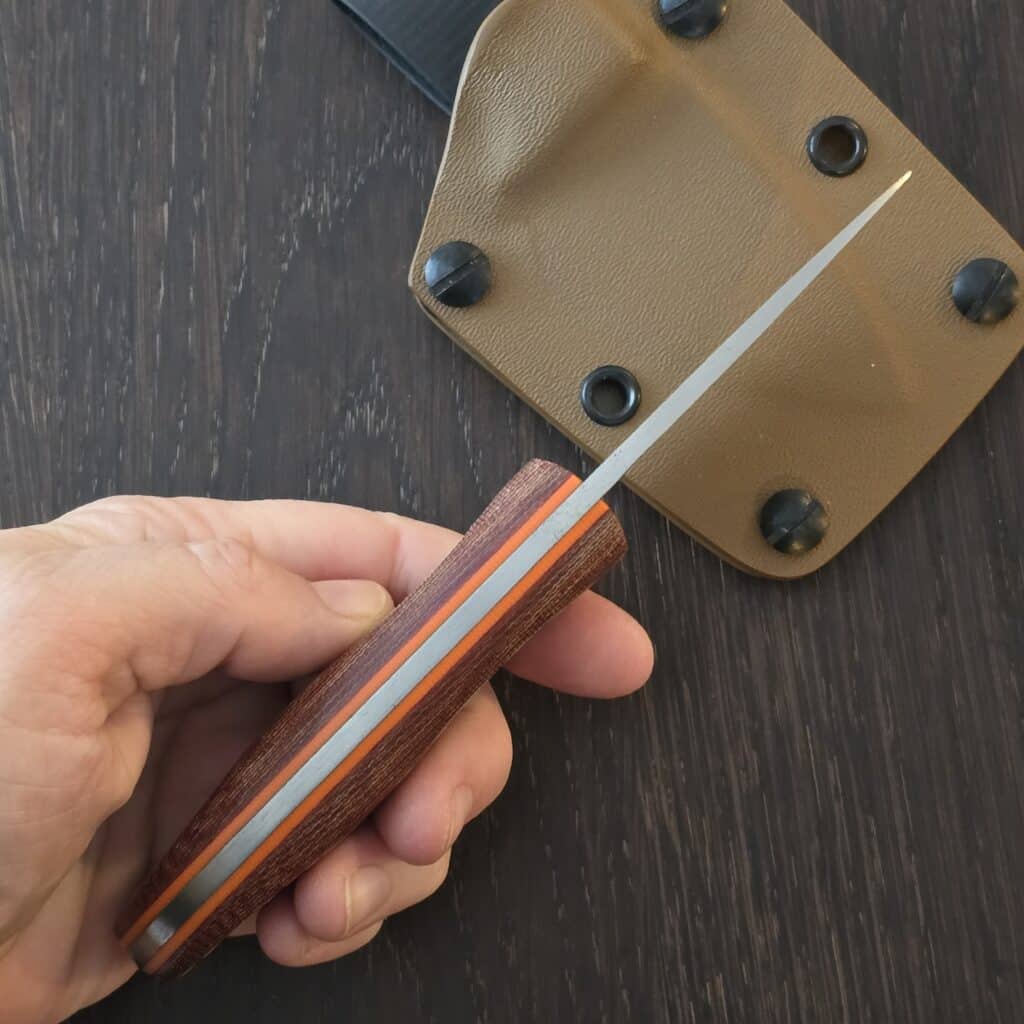 Pacheco Forge Custom Companion 80CRV2 in Burlap Micarta, G10 Orange Liners, Brass Pins and FDE Kydex Sheath knife for sale