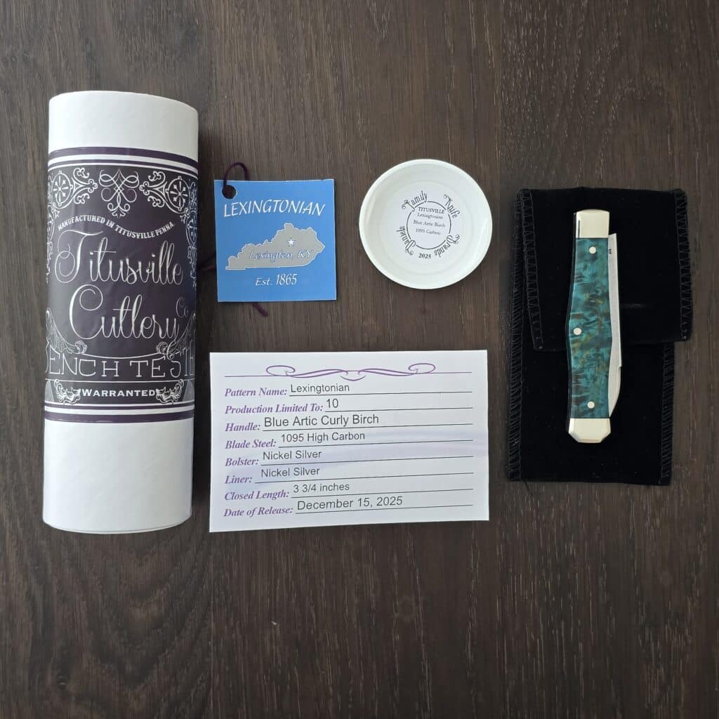 Titusville Cutlery Lexingtonian in Blue Arctic Birch and 1095 High Carbon 2025 (production limited to 10) – gallery image 5