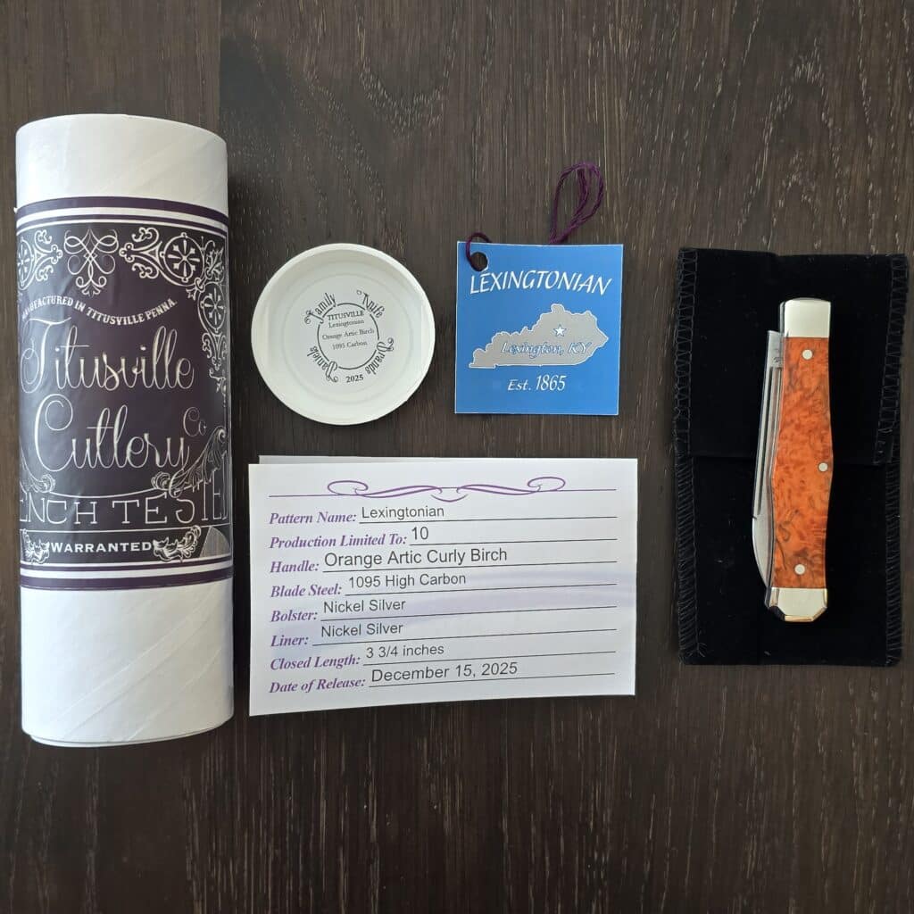 Titusville Cutlery Lexingtonian in Orange Arctic Birch and 1095 High Carbon 2025 (production limited to 10) knife for sale