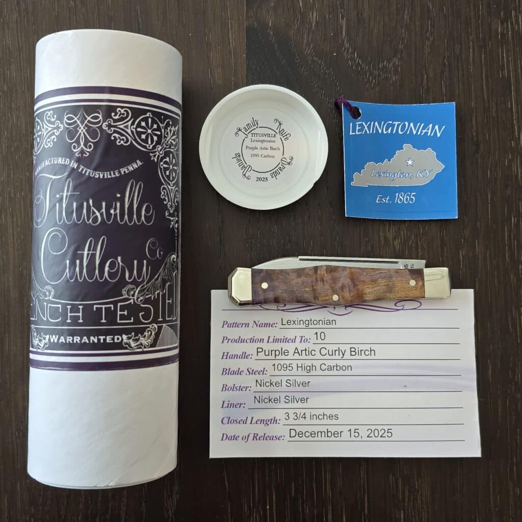 Titusville Cutlery Lexingtonian in Purple Arctic Birch and 1095 High Carbon 2025 (production limited to 10) – gallery image 3