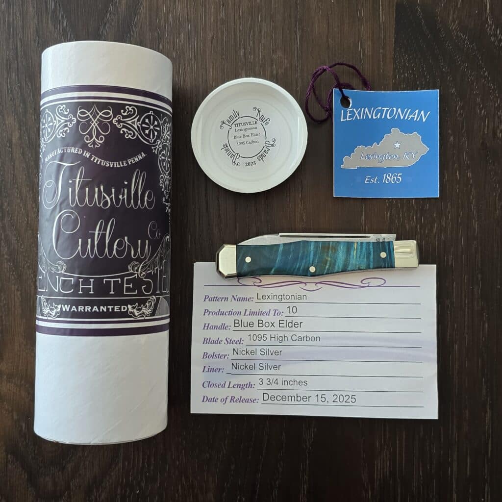 Titusville Cutlery Lexingtonian in Blue Boxelder and 1095 High Carbon 2025 (production limited to 10) – gallery image 2