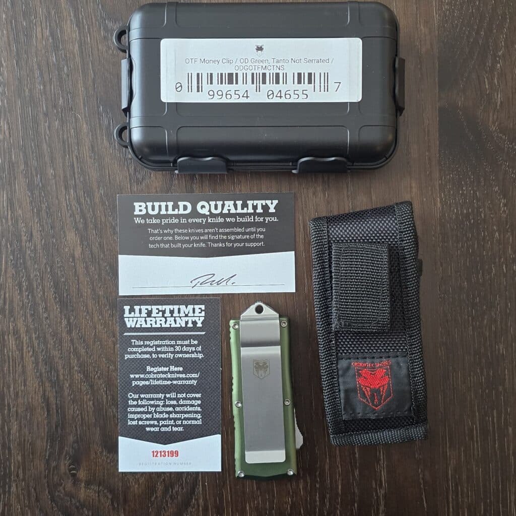 CobraTec Knives OTF Money Clip OD Green, Tanto, Not Serrated knife for sale