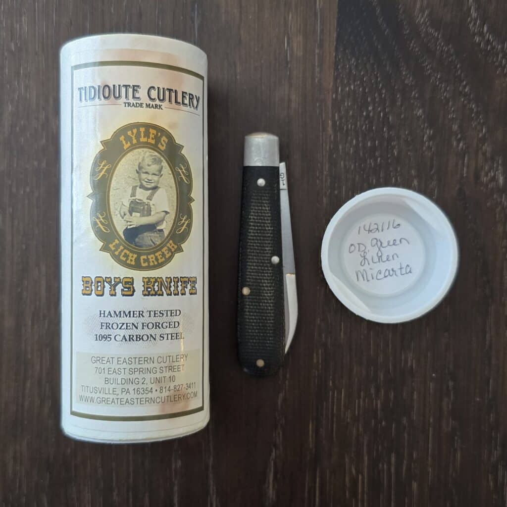 Great Eastern Cutlery #142116 OD Green Linen Micarta please note age patina knife for sale