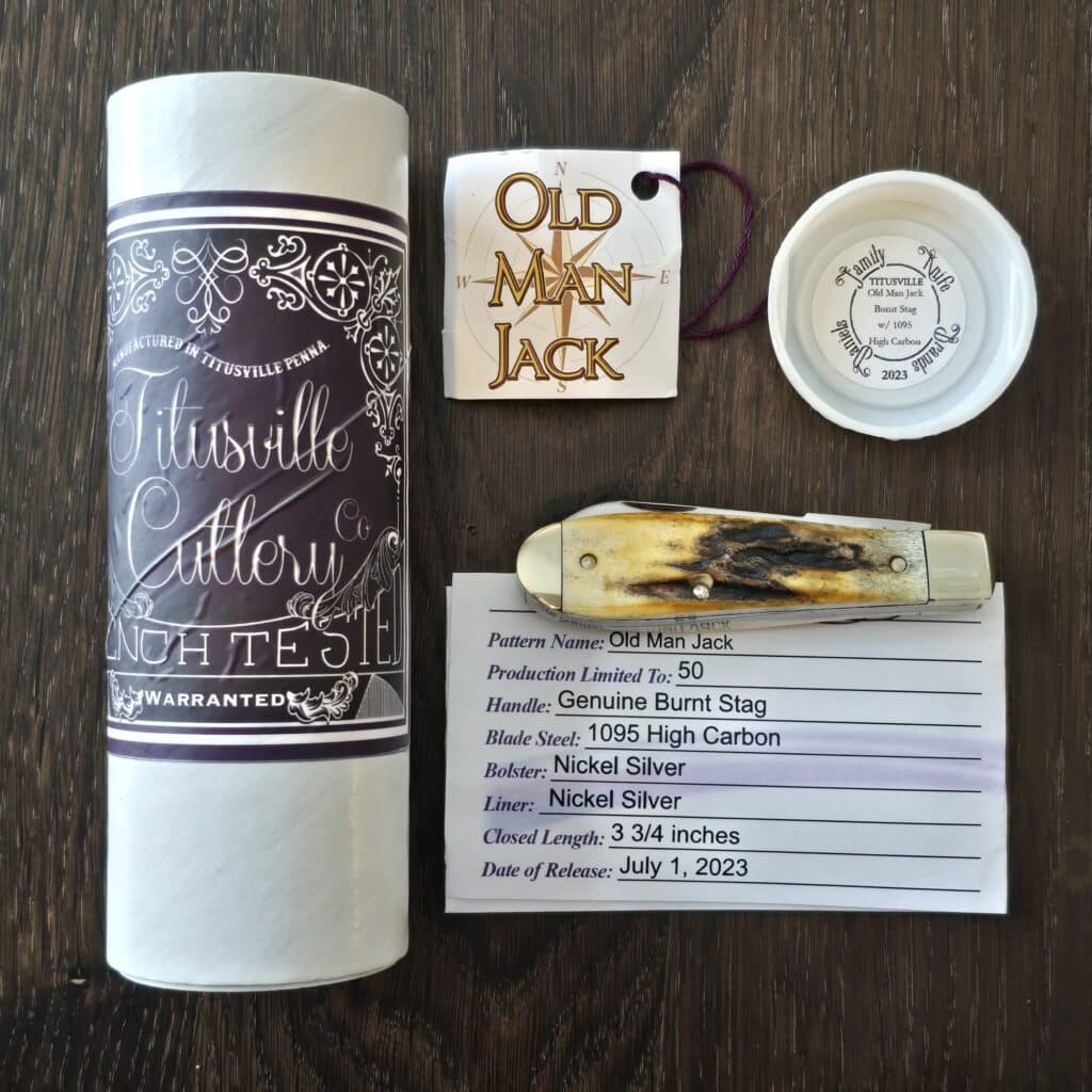 Daniels Family Knife Brands 2023 Titusville Old Man Jack Burnt Stag 1 of 50 knife for sale