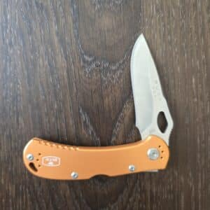 Buck USA 722 in Orange Aluminum and 420HC Spitfire Lockback 7453 knife for sale