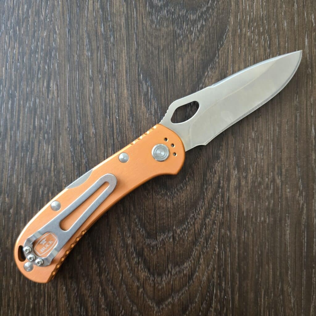 Buck USA 722 in Orange Aluminum and 420HC Spitfire Lockback 7453 – gallery image 2