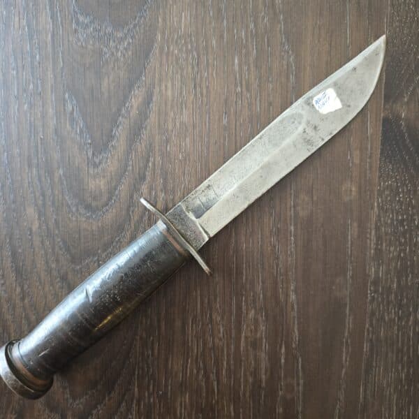 Vintage Western USA Bolder Co WWII Navy Fixed Blade in Stacked Leather Rough Engraved "To LER. G. M." – gallery image 1