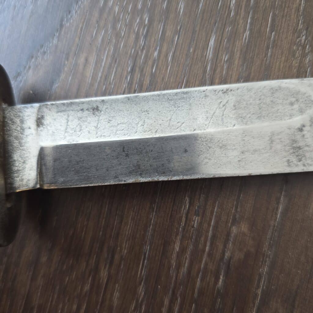 Vintage Western USA Bolder Co WWII Navy Fixed Blade in Stacked Leather Rough Engraved "To LER. G. M." – gallery image 2