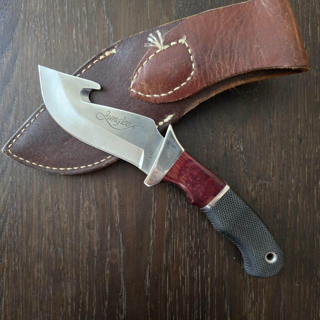 Junglee Classic Hunter K02114 in 440A, G10 and Wood w/ Leather Sheath knife for sale