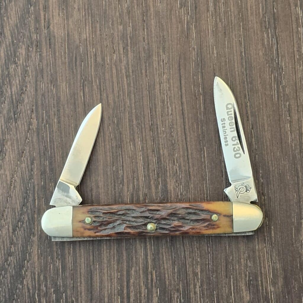 Queen Steel 6130 Brown Jigged Bone Mini 2 Blade Folder (2.5" closed) 1998 knife for sale