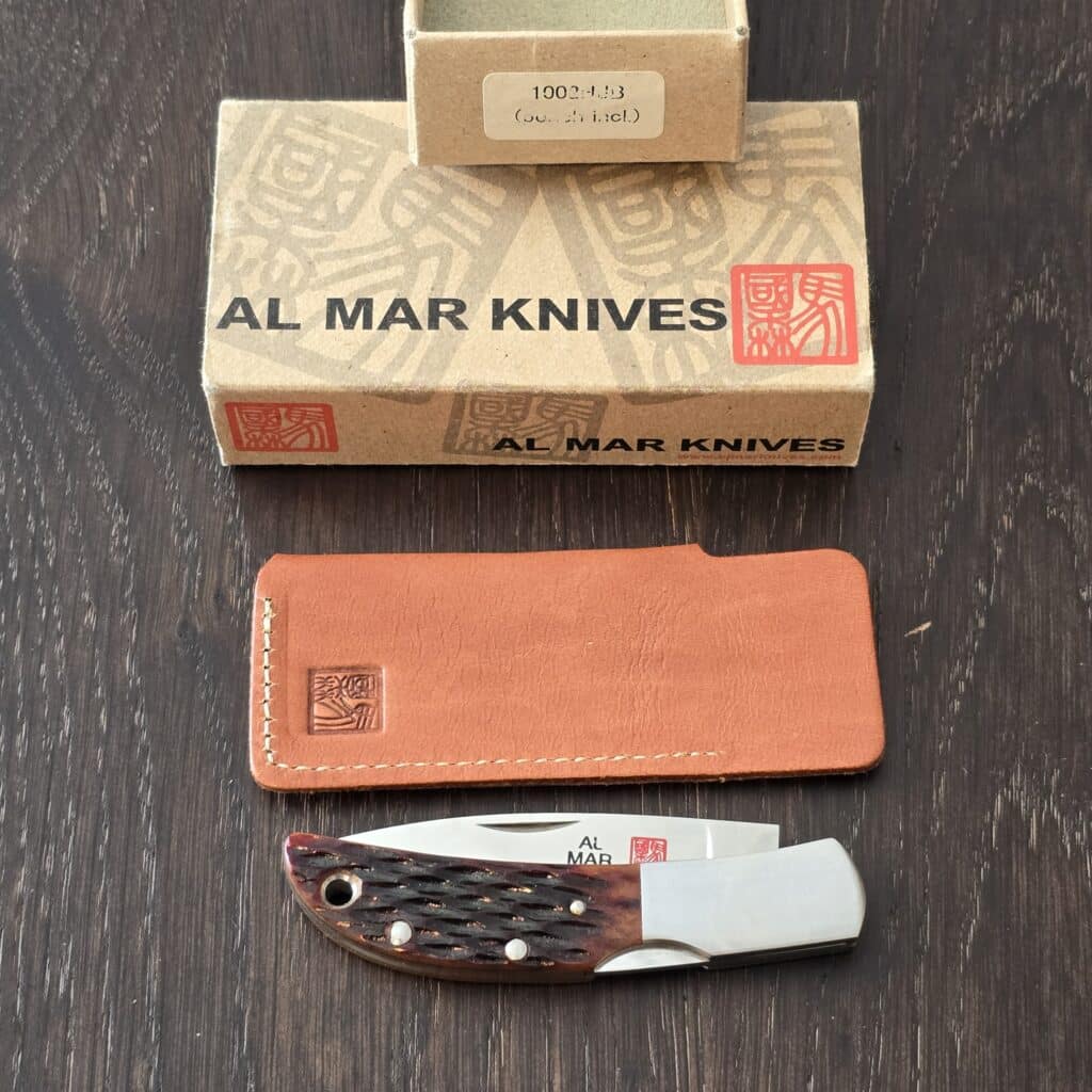 Al Mar Knives Brown Bone Lock Back 1002HJB With Leather Pocket Slip knife for sale