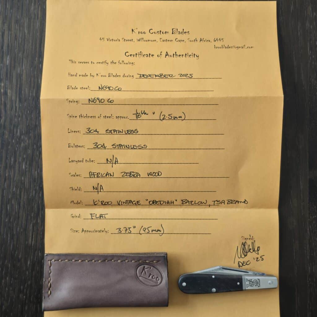 K'Roo Custom Vintage "Obediah" Barlow TSA Brand in African Zebra Wood and N690 Created 12/2025 by W. O'Kelly – gallery image 7