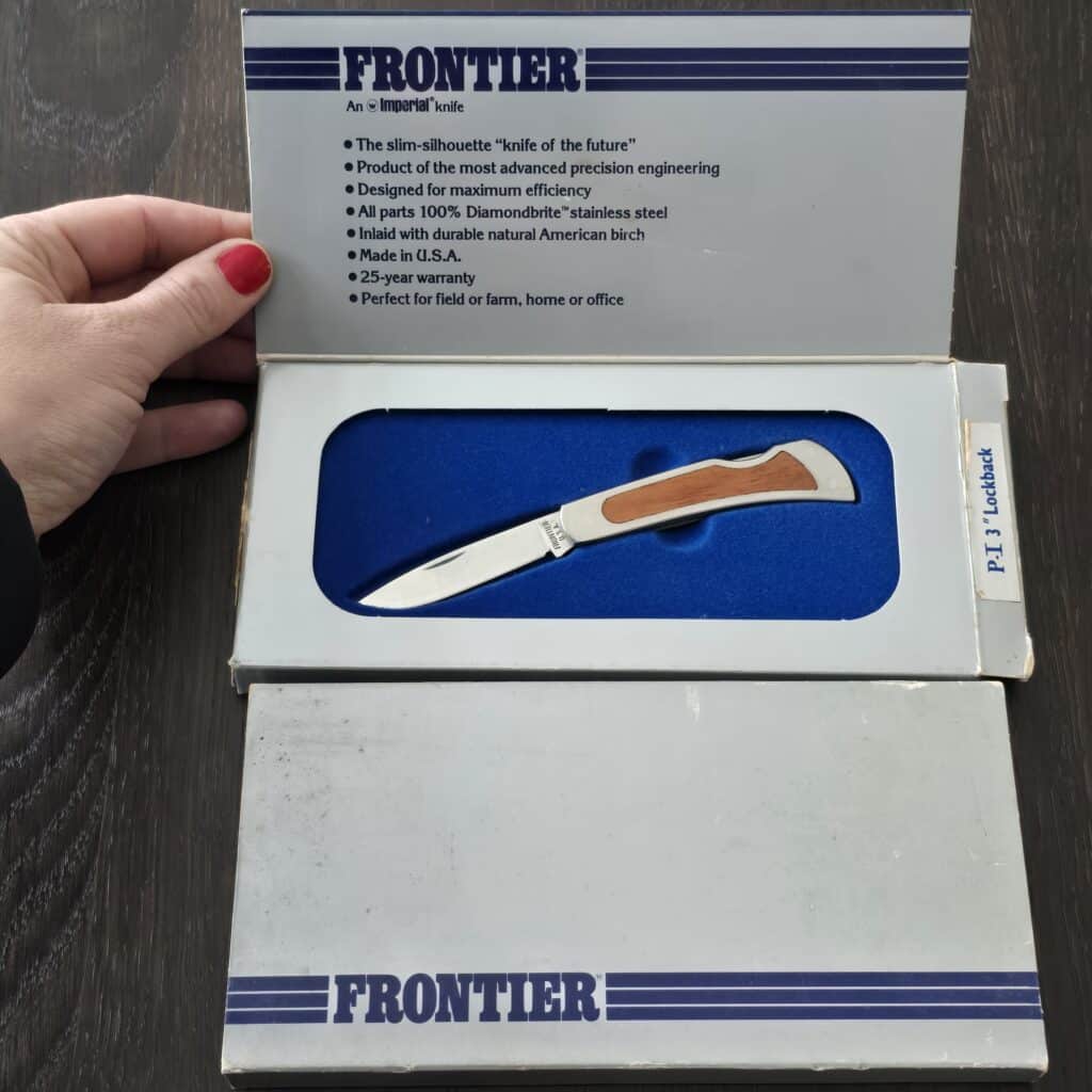 Frontier USA P I 3" Lockback in Stainless Steel with Natural American Birch Inlay knife for sale