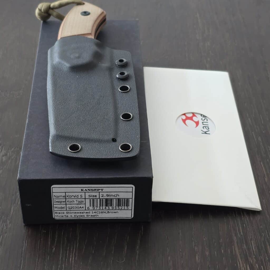 Kansept Korvid G2030A4 Black Stonewashed 14C28N, Brown Micarta + Kydex Sheath knife for sale