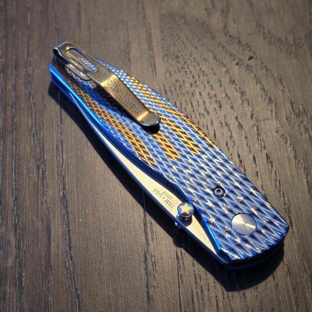Three Rivers Manufacturing TRM Atom Liner Lock Ben Davis Flag 3D Titanium Lizard Skin Textured Scales Stonewashed 20CV Blade – gallery image 4