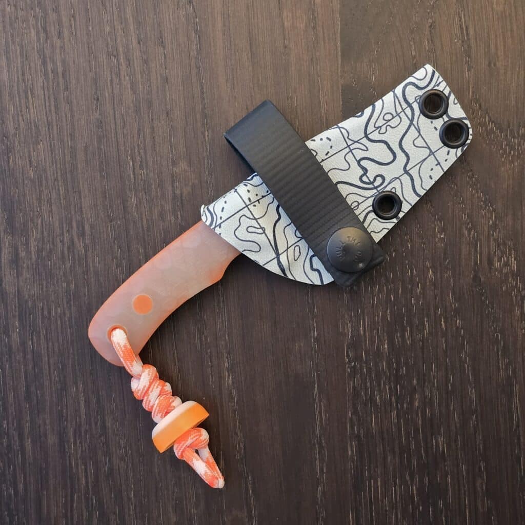 Knives by Nuge Creamsicle Wicket - Orange Jade G10 - Blackened / Tumbled Nitro-V with Custom Kydex – gallery image 2
