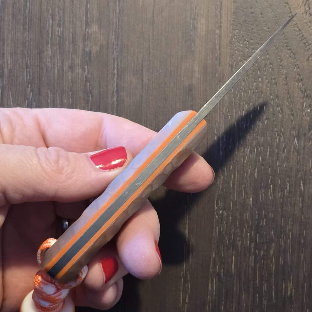 Knives by Nuge Creamsicle Wicket - Orange Jade G10 - Blackened / Tumbled Nitro-V with Custom Kydex – gallery image 3