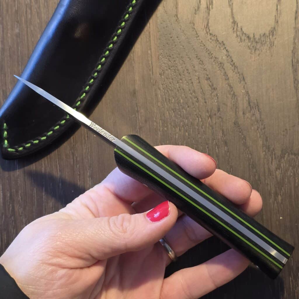 Warlander Bush Baby - Black Canvas Micarta - Black & Lime Green Liners - Lime Green Pins knife for sale