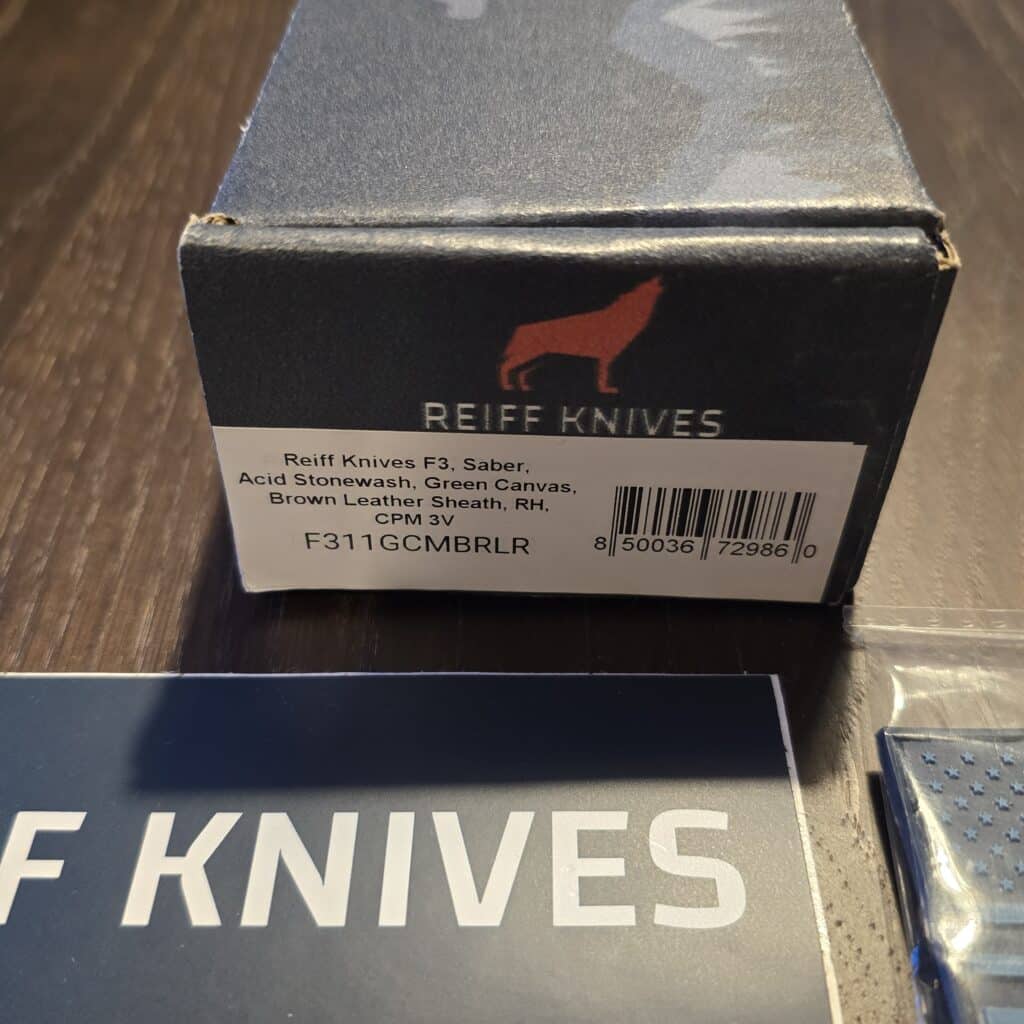 Reiff Knives F3 Saber Acid Stonewash Green Canvas Brown Leather Sheath RH CPM 3V F311GCMBRLR knife for sale