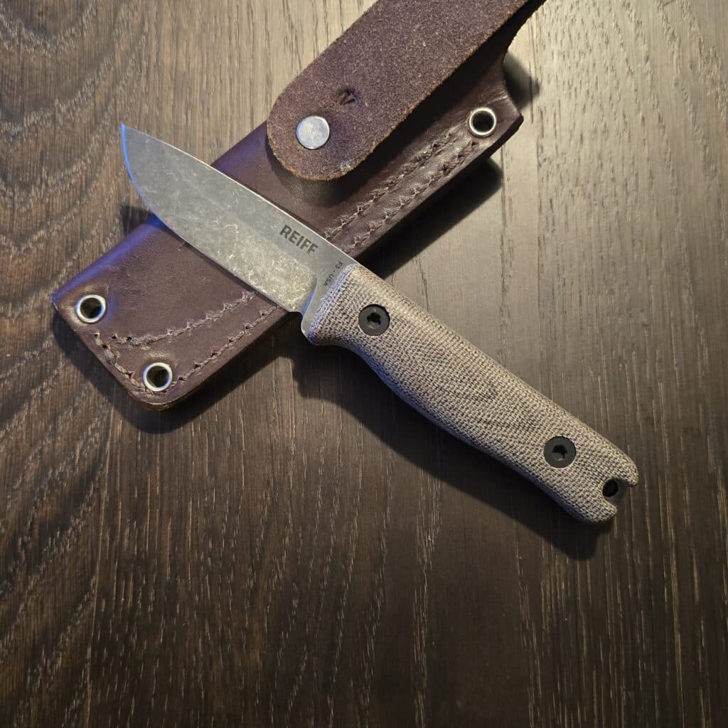 Reiff Knives F3 Saber Acid Stonewash Green Canvas Brown Leather Sheath RH CPM 3V F311GCMBRLR knife for sale
