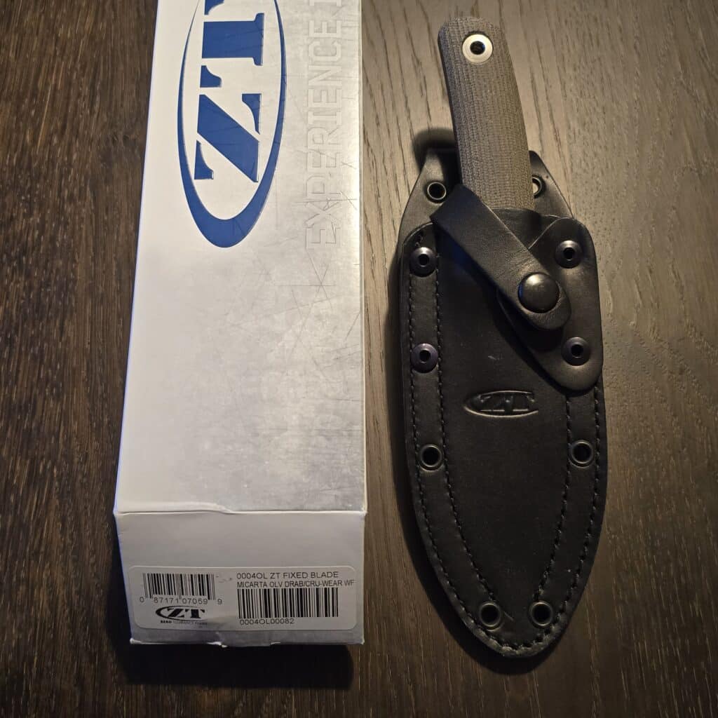 Zero Tolerance Model 0004 Fixed Blade Knife 4.2" CPM-CruWear Stonewash Clip Point Blade, Olive Drab Canvas Micarta Handles, Adjustable Leather Sheath - 0004OL – gallery image 3
