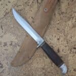 Western Bolder Co. USA Vintage Stacked Leather Fixed Blade with Birds Head Rounded Aluminum Pommel 1950-67 with Original Leather Sheath knife for sale