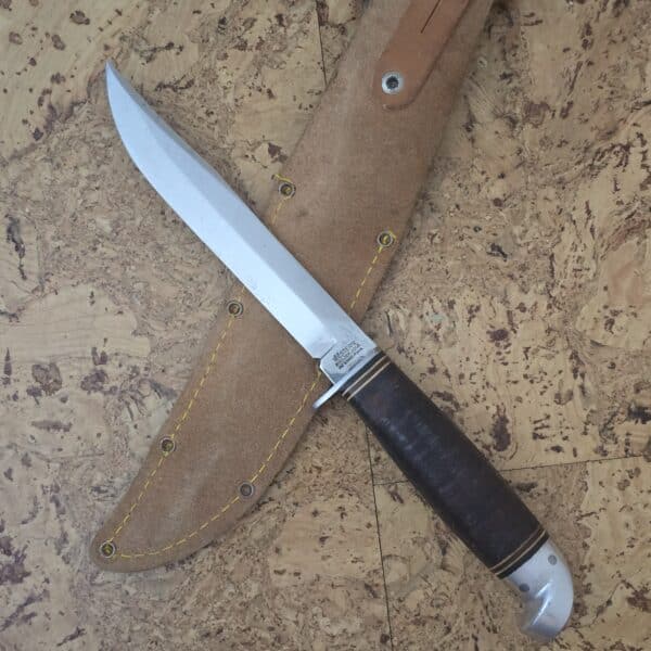 Western Bolder Co. USA Vintage Stacked Leather Fixed Blade with Birds Head Rounded Aluminum Pommel 1950-67 with Original Leather Sheath – gallery image 1