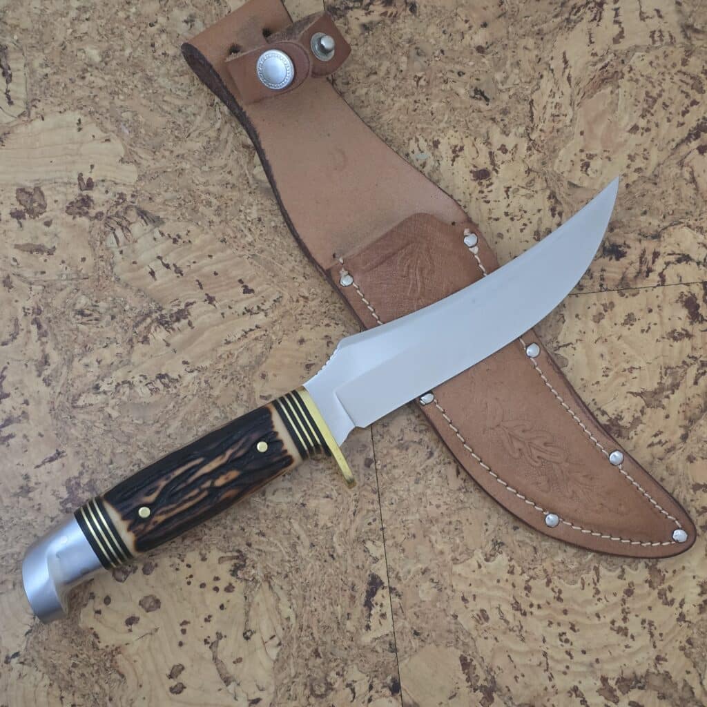 Western USA Vintage S-H39 Fixed Blade with Birds Head Rounded Aluminum Pommel 1960-70 in Delrin Stag and Stainless Steel with Original Leather Sheath – gallery image 4