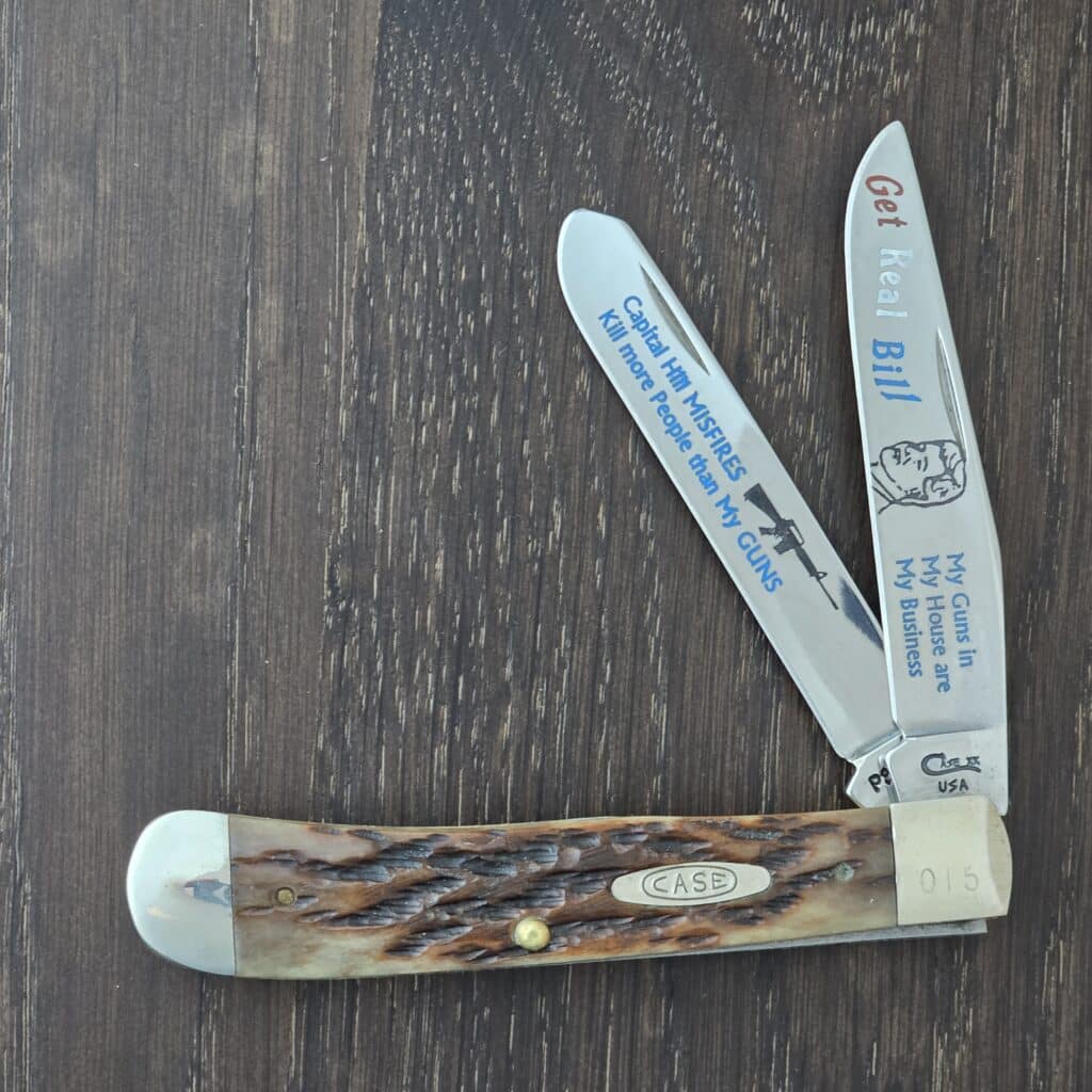 Case USA 1993 Brown Jigged Bone PS #6254 SS Large Trapper 7 dots Ser #015/100 "Get Real Bill" Embossed on Clip Blade knife for sale