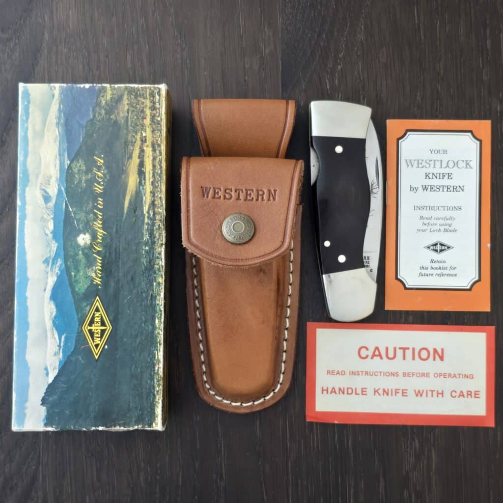 Western # S-532 Lockback in Rosewood with Deer Etching on Blade with Leather Sheath (note, knife is in box for the S-534) – gallery image 2