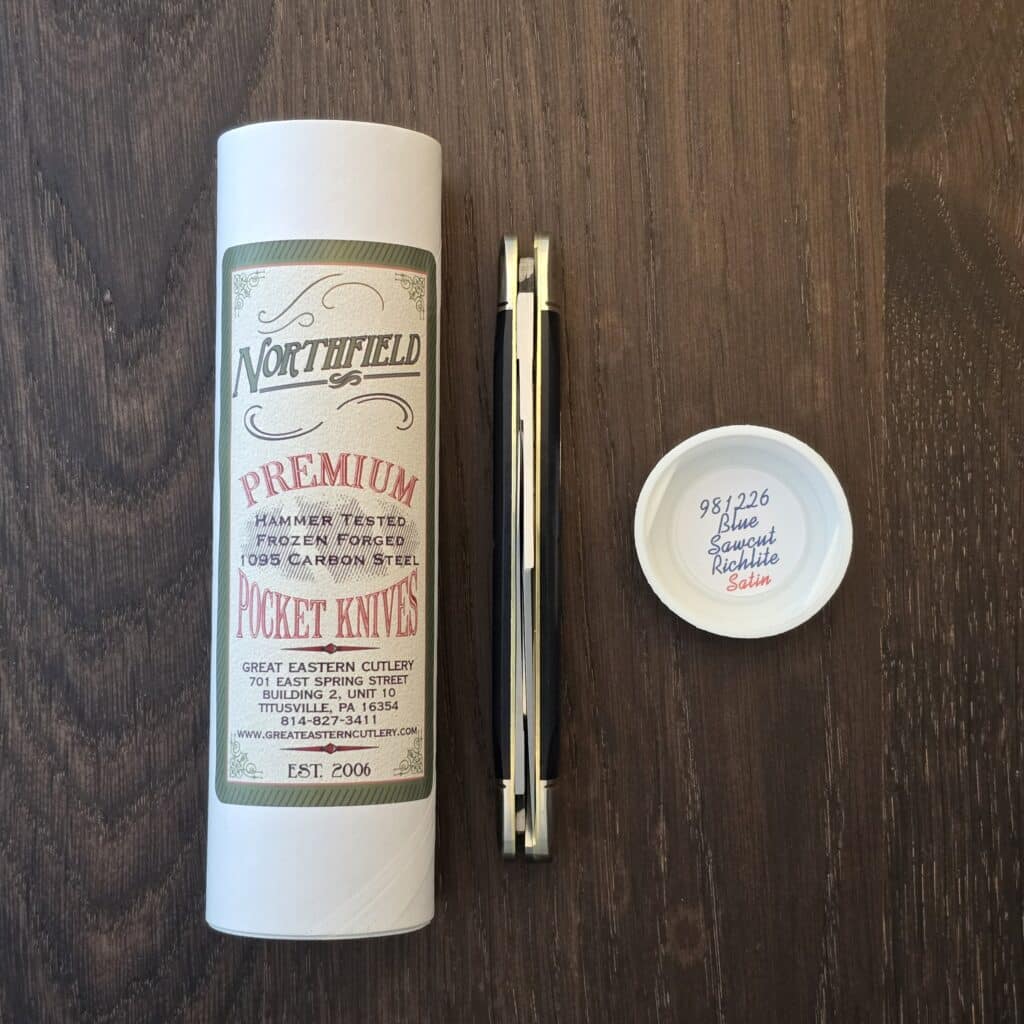 Great Eastern Cutlery #981226 Blue Sawcut Richlite knife for sale