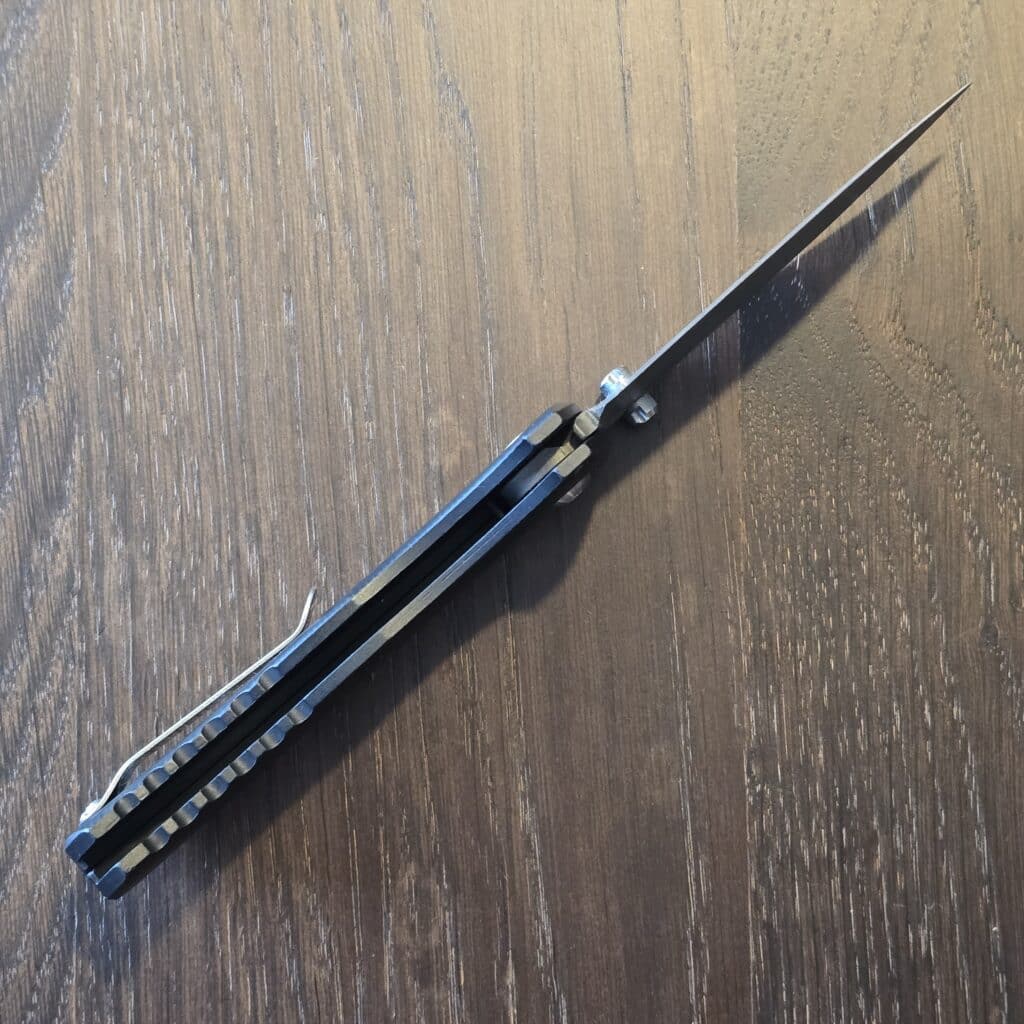 Defiant-7 Talos Button Lock with Black Boomerang Stainless Chad Nichols Damascus Blade and Black Hardcoat Anodized Aluminum Handles USA knife for sale