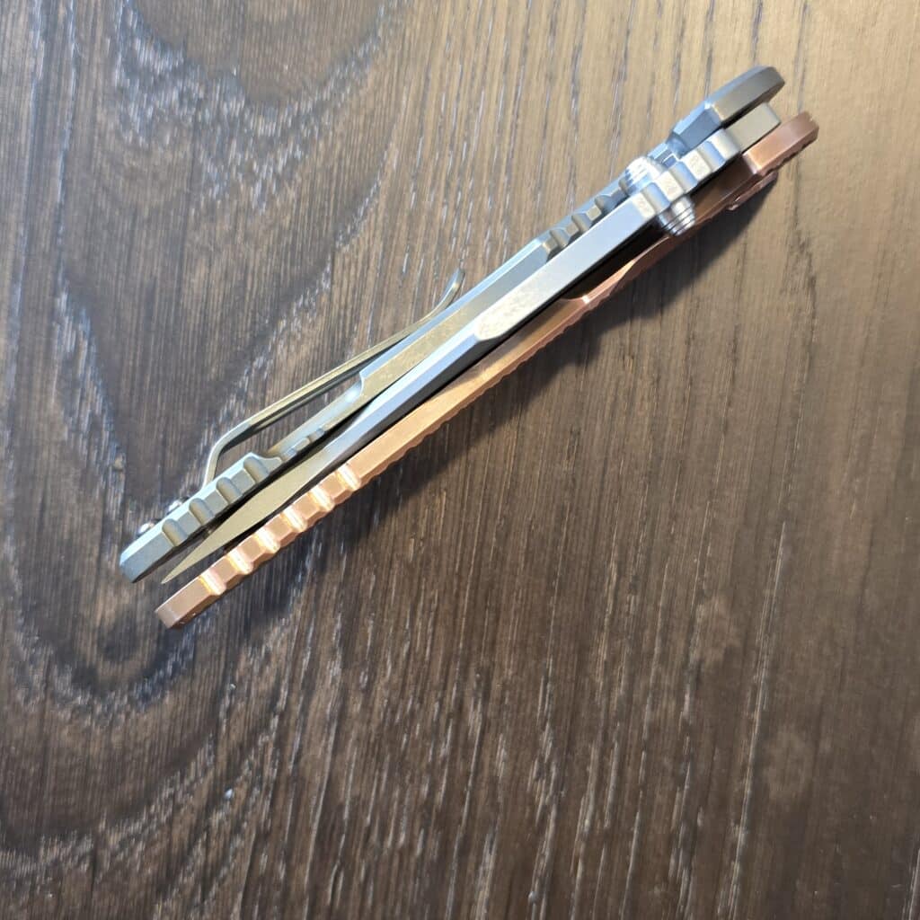 DLT Exclusive Hinderer XM 18 3.5" Magnacut Non Flipper Bowie Tri-Way Battle Bronze Cyote G10 + 0 in extras (copper scale, bronze scale, bronze hardware) – gallery image 5