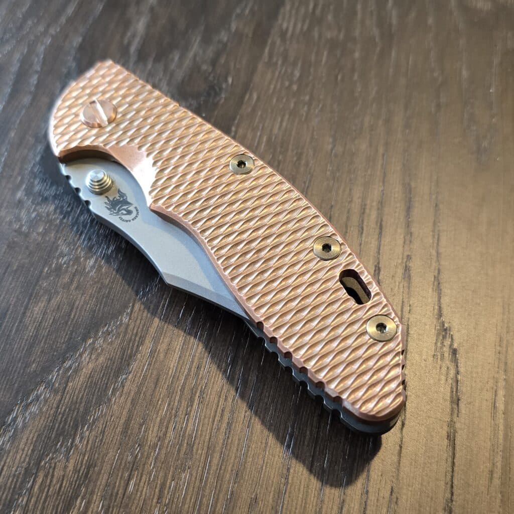DLT Exclusive Hinderer XM 18 3.5" Magnacut Non Flipper Bowie Tri-Way Battle Bronze Cyote G10 + 0 in extras (copper scale, bronze scale, bronze hardware) – gallery image 6