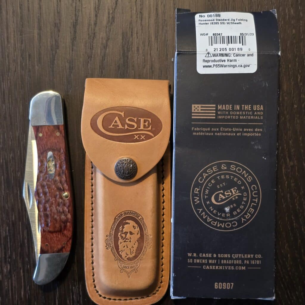 Case XX USA No 00189 Rosewood Standard Jig Folding Hunter 6265 SS W/ Sheath knife for sale
