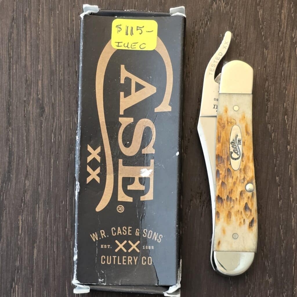 Case XX USA No 00260 Amber Bone Peack Seed Jigged Bone Russlock 61953L SS knife for sale