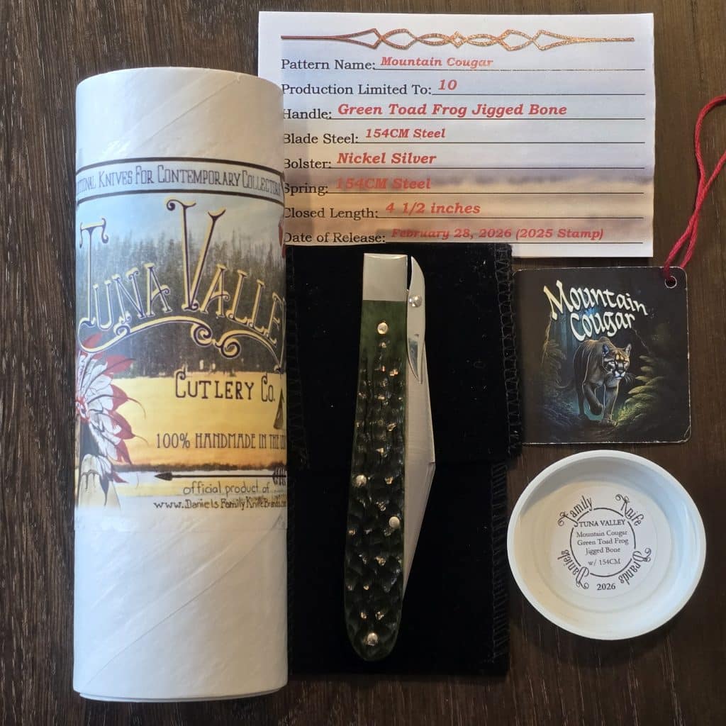 Tuna Valley Cutlery Mountain Cougar Green Toad Frog Jigged Bone w/154CM (1 of 10) knife for sale