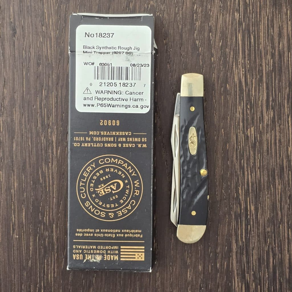 Case XX USA No. 18237 Black Synthetic Rough Jig Mini Trapper 6207 SS knife for sale