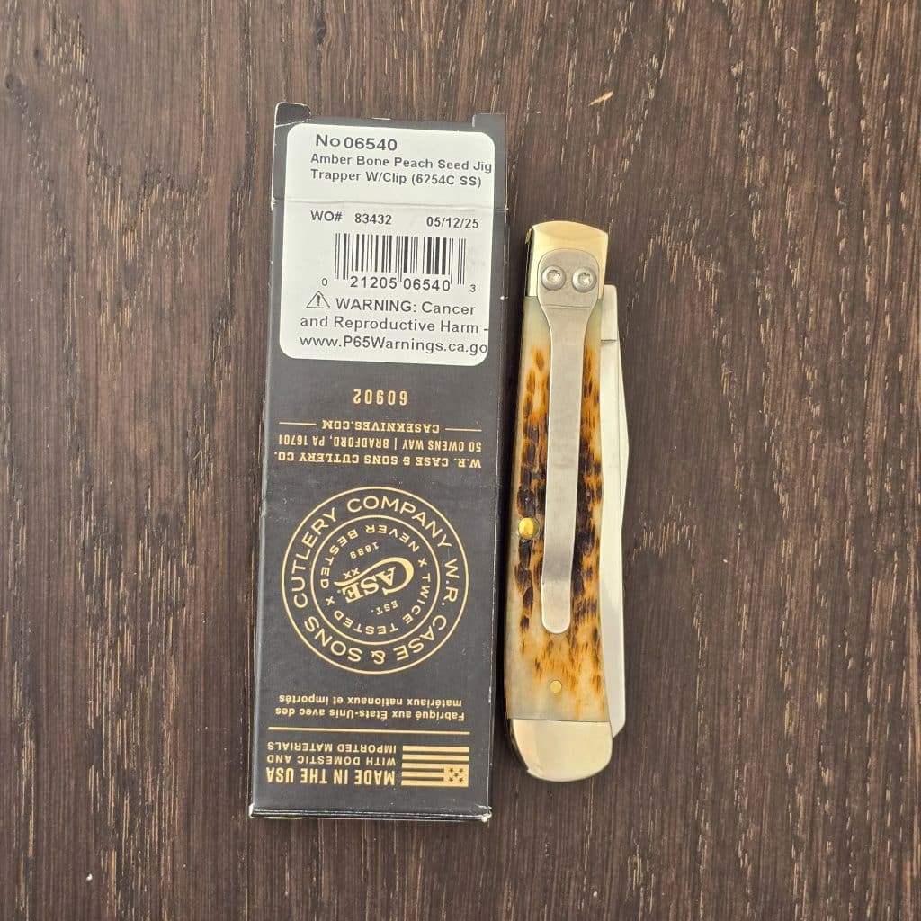 Case XX USA No. 06540 Amber Bone Peach Seed Jig Trapper w/ Clip 6254C SS knife for sale