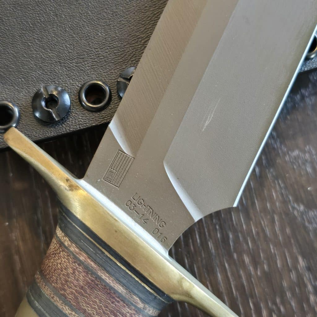Behring Technical "Lightning" in O1 tool steel with green Cerakote finish Brass hilts with natural micarta, brass, and black spacers Paper micarta handle Thong hole with braided lanyard Kydex sheath with Tek-Lok style clip Marked 03-14, 016 - Image 4