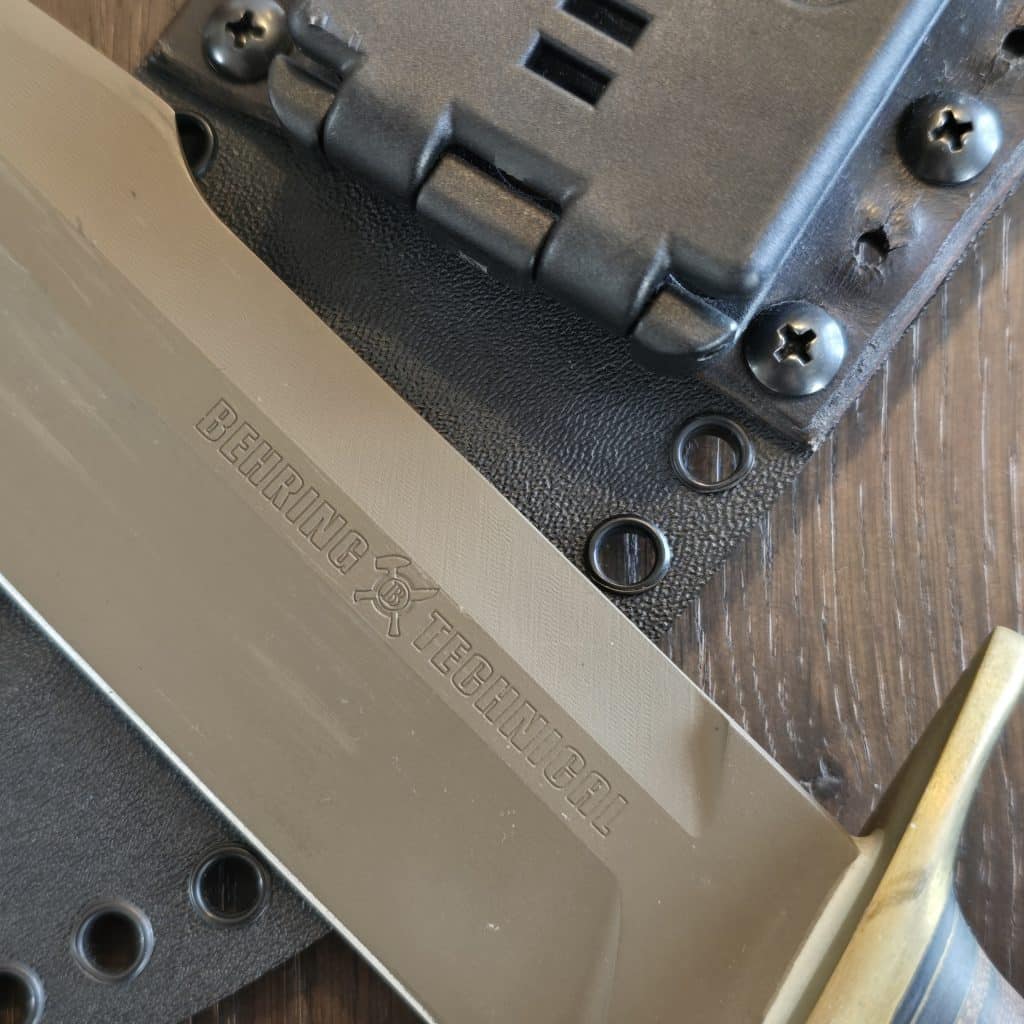 Behring Technical "Lightning" in O1 tool steel with green Cerakote finish Brass hilts with natural micarta, brass, and black spacers Paper micarta handle Thong hole with braided lanyard Kydex sheath with Tek-Lok style clip Marked 03-14, 016 - Image 5