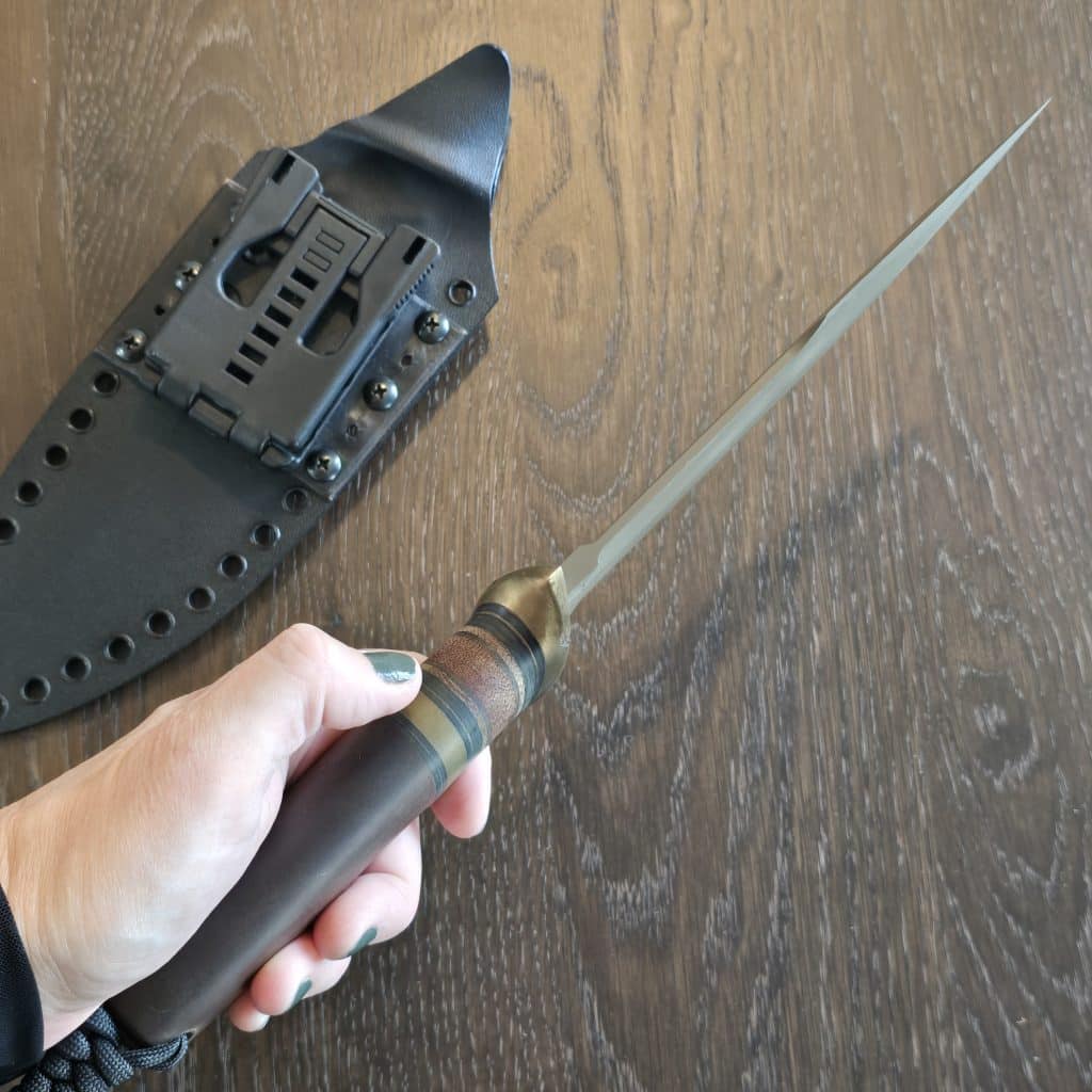Behring Technical "Lightning" in O1 tool steel with green Cerakote finish Brass hilts with natural micarta, brass, and black spacers Paper micarta handle Thong hole with braided lanyard Kydex sheath with Tek-Lok style clip Marked 03-14, 016 - Image 6