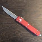 Microtech Ultratech T/E OTF Knife Red Aluminum (3.5" Stonewash M390) (note, paint chipped on end see close up pic for details)