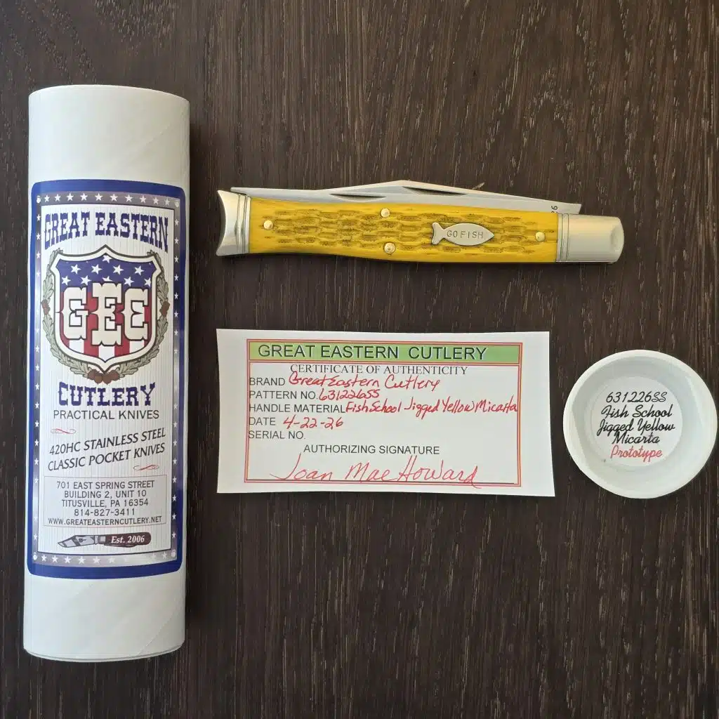 Great Eastern Cutlery #631226 SS Fish School Jigged Yellow Micarta PROTOTYPE knife for sale