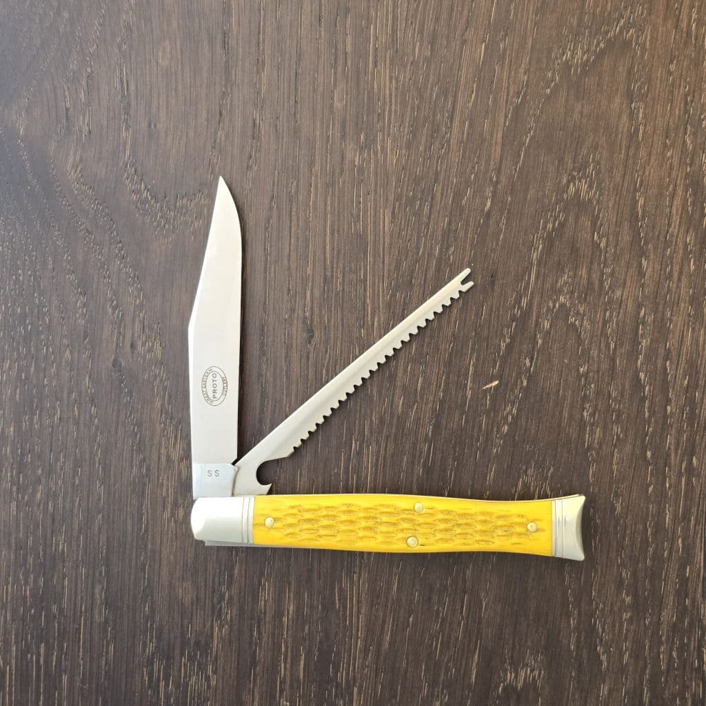 Great Eastern Cutlery #631226 SS Fish School Jigged Yellow Micarta PROTOTYPE knife for sale
