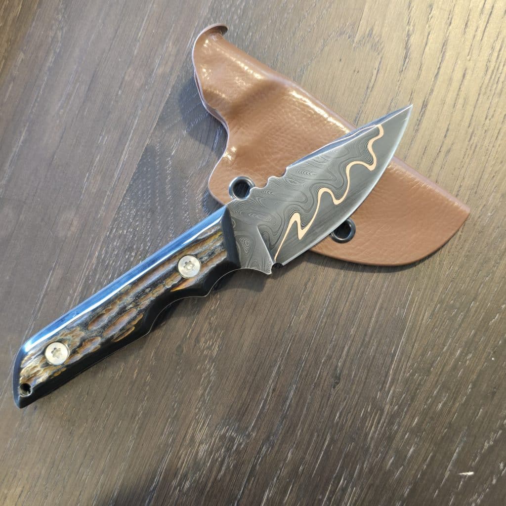 Bald Man Knife + Tool Thick-A -Tross in Baker Forge Steel and Jigged Watter Buffalo Horn with Kydex Sheath