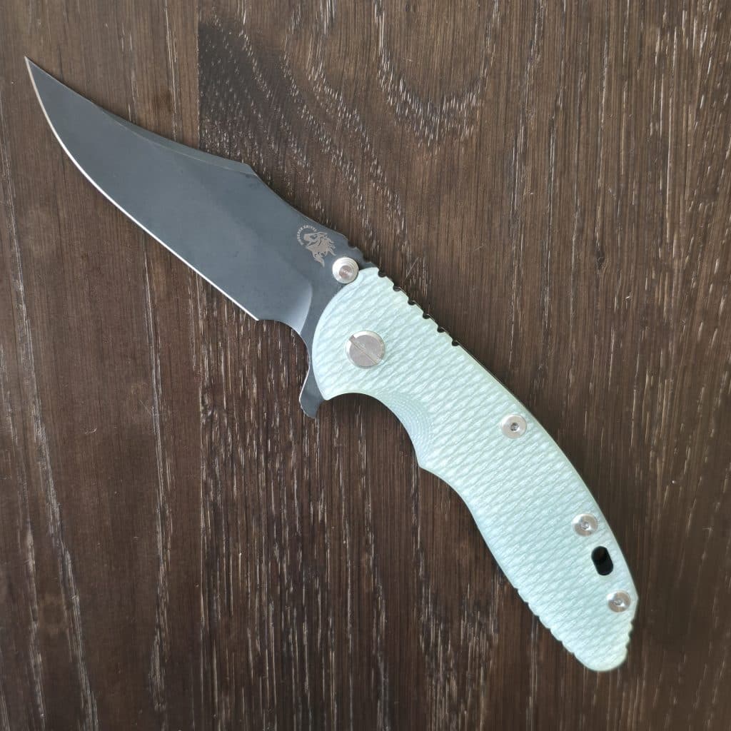Hinderer XM-18 3.5" Magnacut Bowie Tri-Way Battle Black in Translucent Green G10 - Image 2