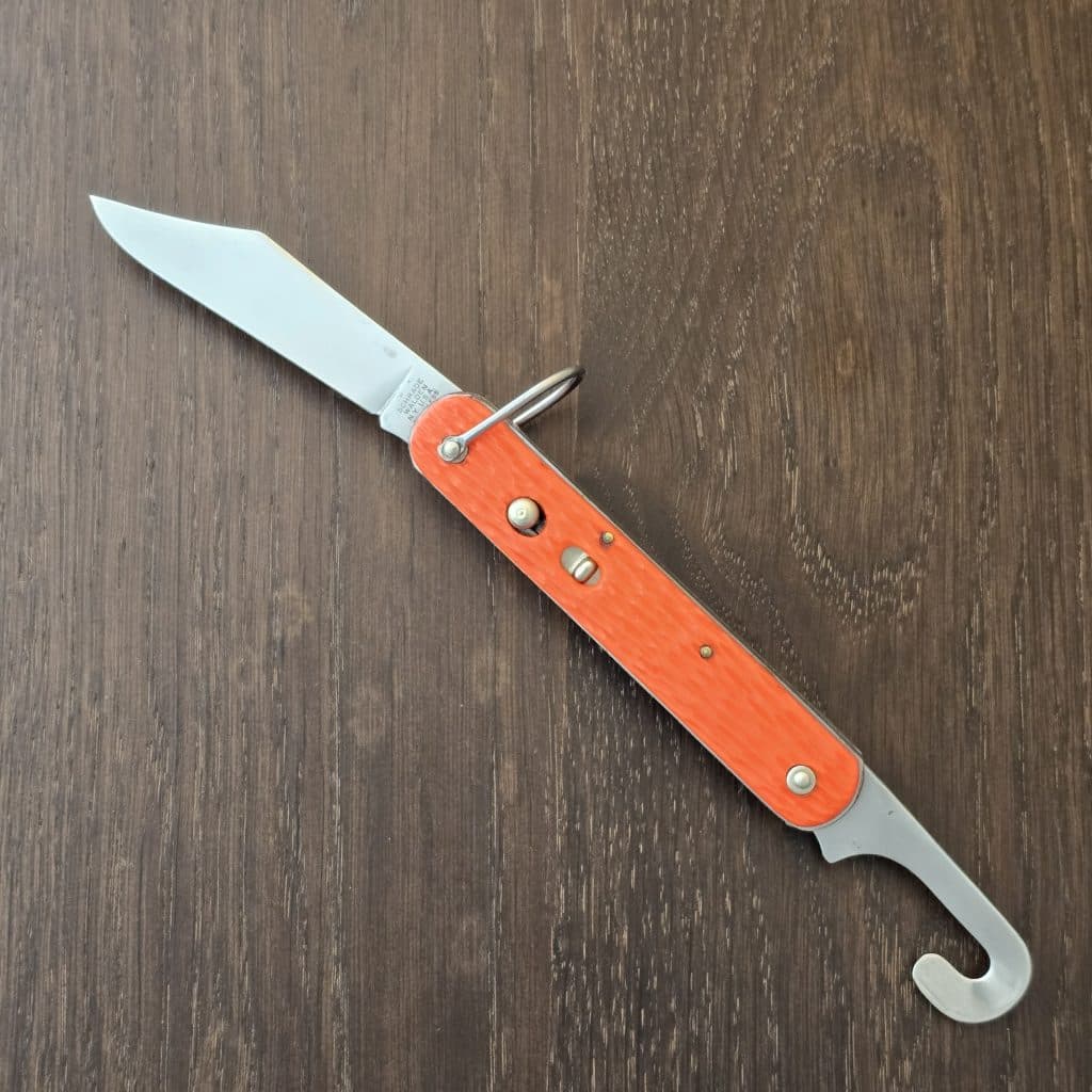 Schrade Walden NY USA Paratrooper 4 in Orange Delrin and Stainless Steel made 1950-1972 (original make with heavier quality build) AMAZING Snap to Open