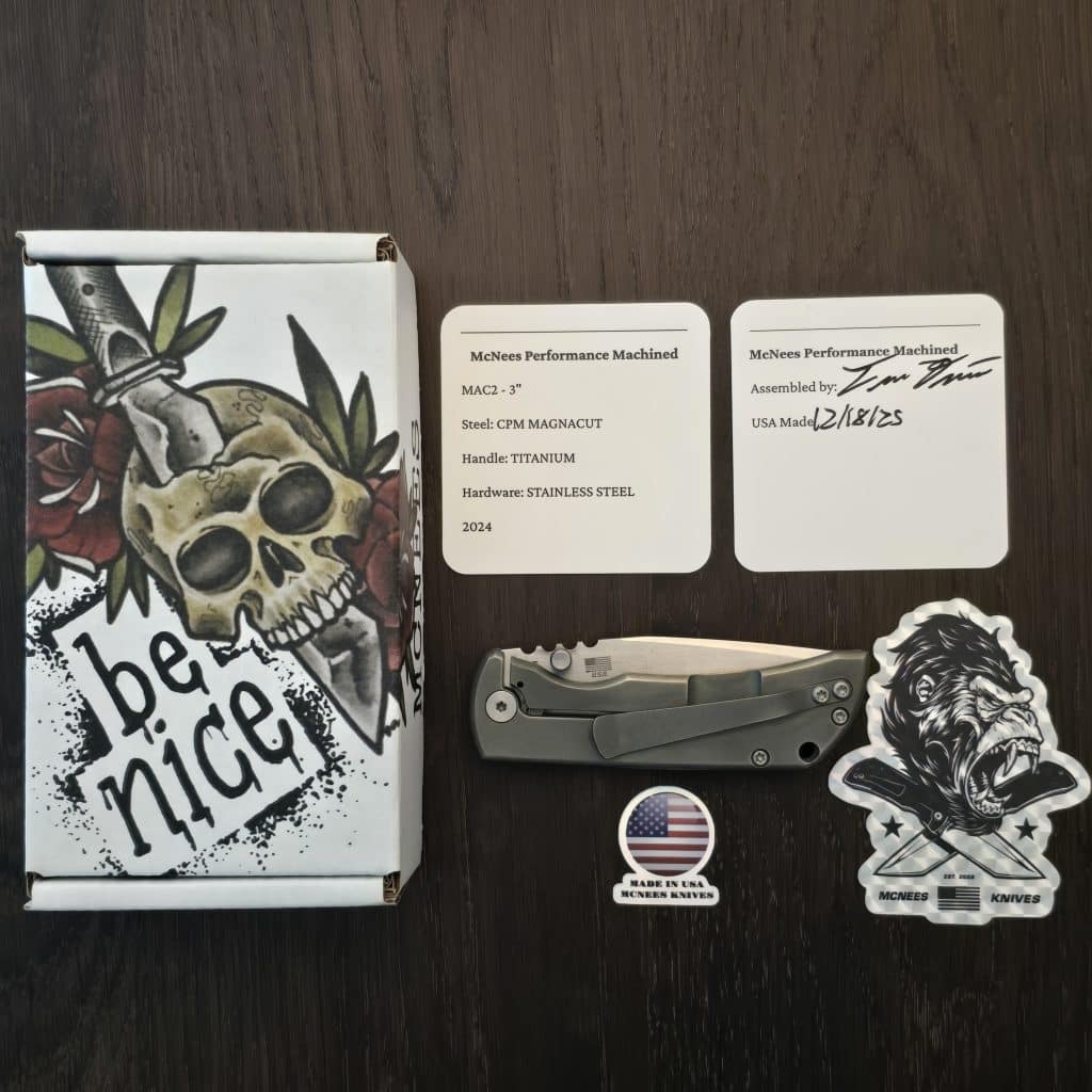 MCNEES Knives USA 3" PM MAC-2 with Satin Hardware and Satin Stonewash Blade, Hollow Grind, in CPM Magnacut and Titanium 2024 gently used - Image 7
